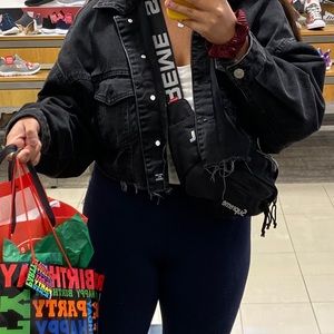 Zara cropped black denim jacket with cut off